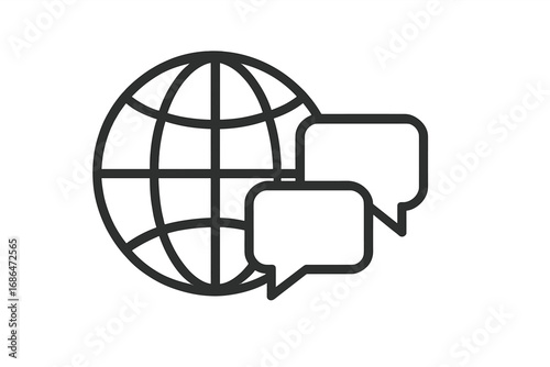 Global communication icon. World language and translation concept. Globe with speech bubbles for international chat, discussion, forum, and social media. Vector line illustration.
