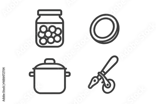 Kitchenware line icon set. Canning and cooking essentials. Vector graphic elements for food blog, recipe, or culinary design. Minimalist symbols of a pot, jar, lid, pizza cutter.
