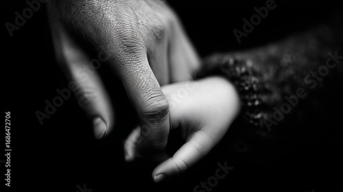 Close-up black and white photo of adult and child hands holding, symbolizing connection, love, and protection.