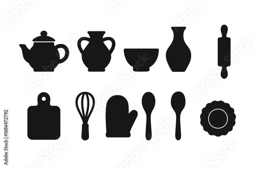 Kitchen tools and pottery silhouette icon set. Vector graphics for cooking and baking culinary design. Minimalist utensil collection with rolling pin, whisk, and ceramics.