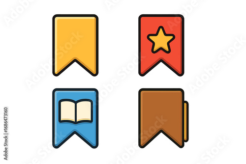 Bookmark icon set. Vector cartoon collection of reading markers. Colorful tags for web UI and apps. Save, favorite, and read symbols. Flat design graphic elements pack. Label, ribbon.