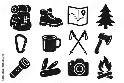 Outdoor adventure icons. Hiking, camping gear silhouette set. Vector travel equipment glyphs. Backpack, boot, map, campfire, axe, trekking poles, camera and forest elements.