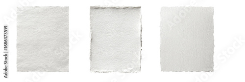 Three blank, white rectangular pieces of paper or card stock