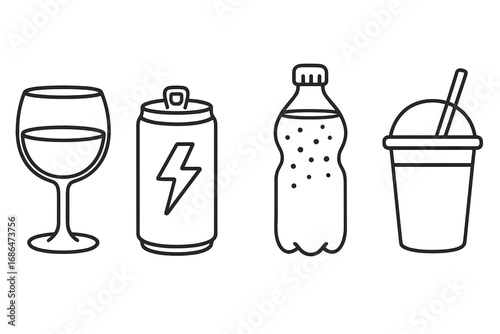Beverage and drink icon set. Thin line vector. Wine glass, energy drink can, soda pop bottle, takeaway cup. Alcohol, soft drink, juice, coffee. Minimalist pictogram collection.