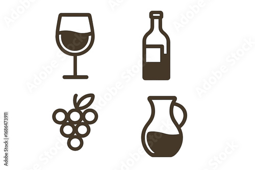 Wine icons set. Vector wineglass, bottle, grapes, carafe. Symbol drink, alcohol, beverage. Concept winery, bar menu, restaurant, tasting. Flat minimal design illustration.