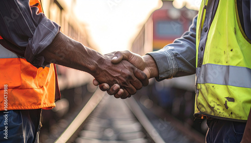 Two workers shaking hands in agreement near train tracks, symbol of teamwork and collaboration