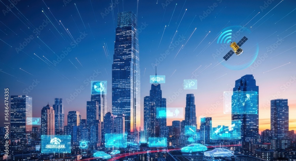 Fototapeta premium Futuristic City Skyline with Digital Technology and Satellite Communication Elements