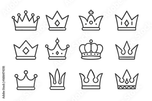 Crown line icon set. Royal king, queen, and princess symbols. Monarchy and heraldry elements. Luxury, power, and success concept. Vector outline signs for logo, web, apps.