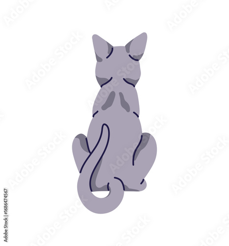 Grey cat sits and wags tail back view. Cute turned away kitten is offended. Behind of relaxing fluffy kitty. Domestic animal, pet backside. Flat isolated vector illustration on white background