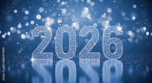 Festive Sparkling New Year 2026 Celebration with Glittering 3D Numbers, Blue Bokeh Lights and Magical Stars