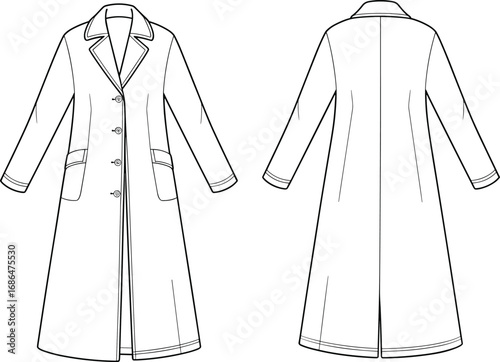Long coat sketch, technical fashion illustration, notched lapel, patch pockets, button front, back vent, front and back view, vector, apparel design