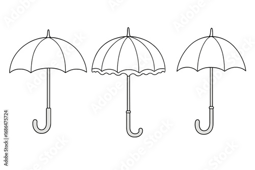 Umbrella and parasol icon set. Thin line art vector illustration of different open umbrellas. Bumbershoot collection for weather design, rain protection or coloring book page.