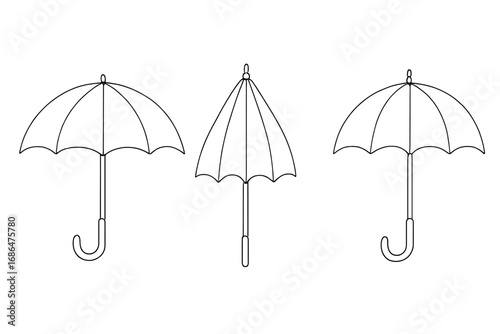 Umbrella and parasol line art vector icon set. Simple black and white outline illustration of open and closed bumbershoots. Minimalist weather protection concept design.