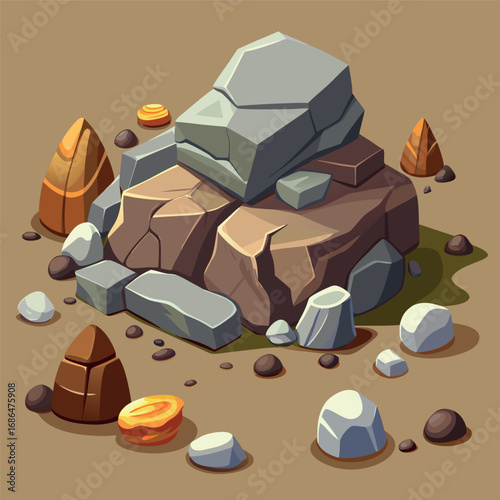 Cartoon stone and brown rock, 3D boulders and pebbles, pile of rubble and debris, isolated natural landscape elements, mountain cliff and rocky terrain, gravel game texture wall piece. Vector set 