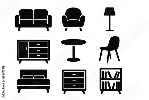 Set of Modern Furniture Icons in Black Silhouette Style for Home Decor and Interior Design, Vector Cartoon Illustration with Transparent Background, Stylish Living Room and Bedroom Essentials
