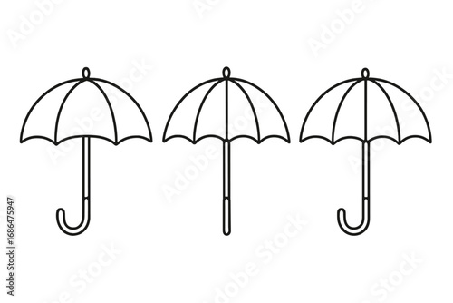 Umbrella parasol vector icon set. Simple line art illustration collection of bumbershoots. Minimalist outline symbol for graphic design. Weather, rain protection concept.