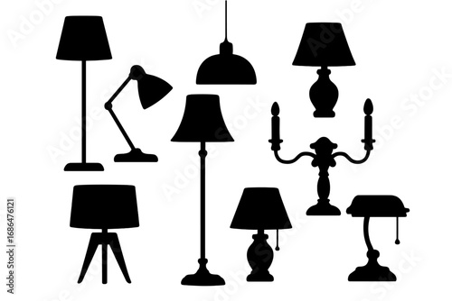 Silhouette collection of modern and classic lamp designs for stylish home interiors, vintage and contemporary lighting fixtures set, vector cartoon illustration with transparent background