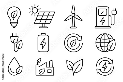 Green energy icon set. Renewable power sources, sustainability and ecology symbols. Thin line vector illustration for web and apps. Solar panel, wind turbine, EV charger icons.