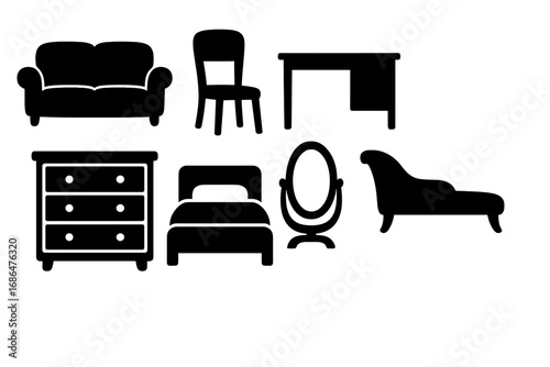 Silhouette furniture icons set with sofa, chair, desk, dresser, bed, mirror, chaise lounge, modern home decor vector illustration, transparent background, ordered symbols