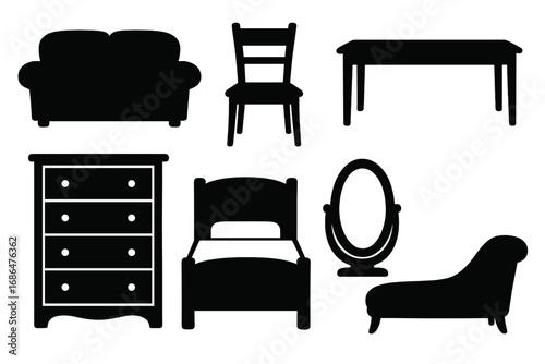 Silhouette furniture icons set including sofa, chair, desk, dresser, bed, mirror, chaise lounge, black vector cartoon illustration with transparent background for design