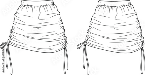 Ruched skirt fashion sketch, front view, technical flat drawing, elastic waistband, side drawstring, clothing template, apparel mockup, fashion CAD, textile concept, sewing pattern, gathered fabric
