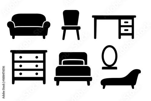 Silhouette furniture icons set including sofa, chair, desk, dresser, bed, mirror, chaise lounge, vector cartoon illustration with transparent background, ordered set for interior design