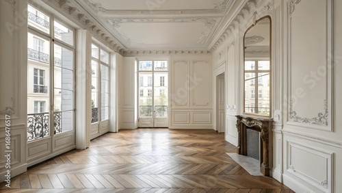 Elegant parisian apartment hallway with ornate moldings and large windows