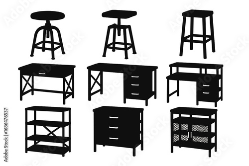 Industrial furniture silhouette icons set with stools, desks, and storage solutions, vector cartoon illustration with transparent background, ordered collection for design use