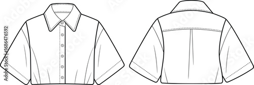 Short sleeve shirt sketch, technical fashion illustration, button-up design, front and back view, garment template, sewing pattern, apparel drawing