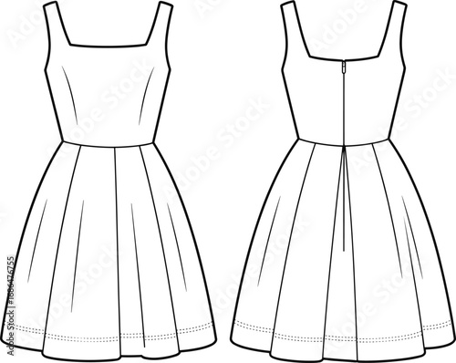 Sleeveless dress technical sketch, square neckline, pleated skirt, fitted bodice, fashion flat drawing, front and back view, garment design, vector illustration