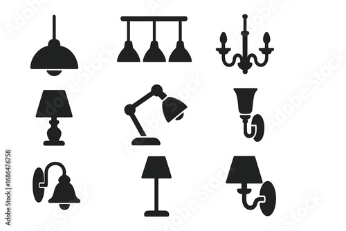 Silhouette icons of modern and classic interior light fixtures, lamps, chandeliers, wall sconces, desk lamps, and pendant lighting vector set for home and office design