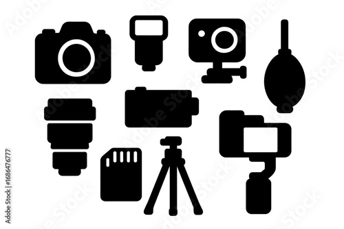 Silhouette icons of modern photography accessories and gadgets vector set. Camera, lens, tripod, memory card, flash, DSLR, action camera, blower, gimbal, battery silhouette collection.