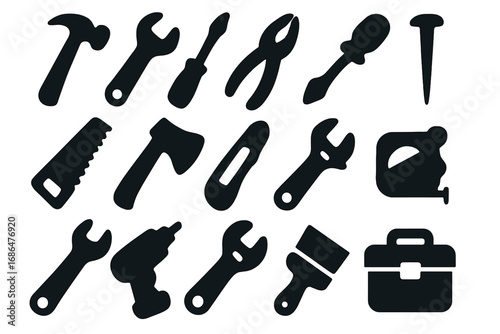 Silhouette icons of modern tools and objects, vector cartoon illustration with transparent background, ordered set of hand tools and workshop equipment, repair and DIY silhouettes