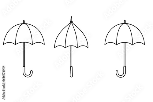 Simple Thin Line Umbrella Illustration Set, Parasol Bumbershoot Vector Cartoon Collection, Transparent Background, Black Outline Design, Weather Protection Symbols