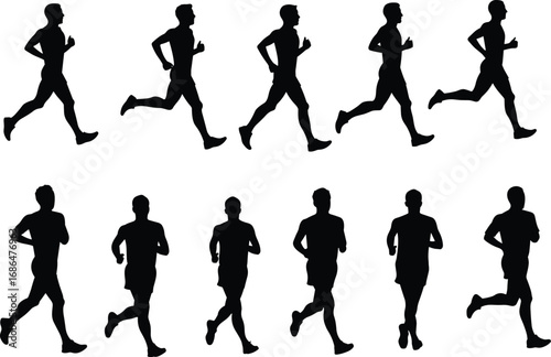 Running motion silhouettes, athlete poses, jogging sequence, sports training, fitness exercise, marathon runner, sprinting stages, biomechanics, workout, health, flat vector illustration