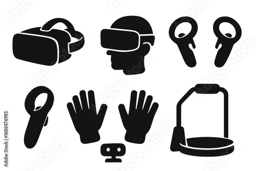 Silhouette Icons of Virtual Reality Gadgets and Accessories Set, VR Headset, VR Controllers, Gloves, Sensor, Mixed Reality Devices, Transparent Vector Illustration for Tech and Gaming