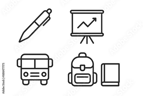 Simple linear icon set of pen, presentation board with upward graph, bus front view, school bag, and closed book, minimalistic editable stroke vector pictogram for cards, apps, banners, posts design