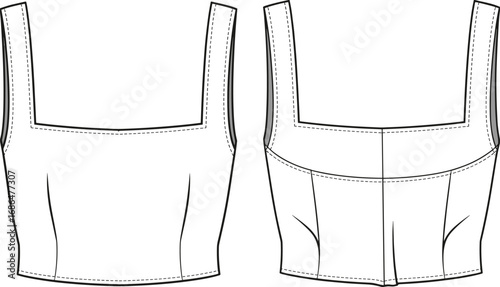 Sleeveless top technical sketch, square neckline, fashion flat drawing, front and back view, fitted bodice, garment design, vector template, illustration