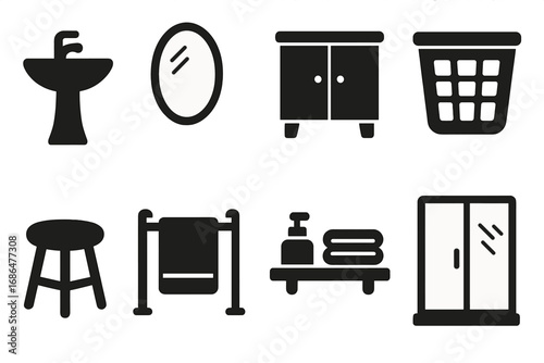 Simple Black Bathroom Icon Set Including Sink, Mirror, Cabinet, Laundry Basket, Stool, Towel Rack, Shelf and Shower Door, Minimalist Vector Cartoon Illustration for Home and Interior Design