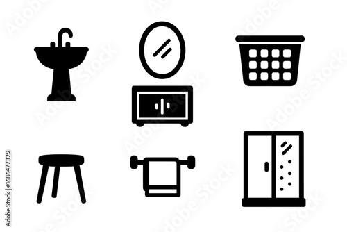 Simple black bathroom icon set featuring sink, mirror, cabinet, laundry basket, stool, towel rack, and shower door in minimalist vector cartoon style for home and interior design