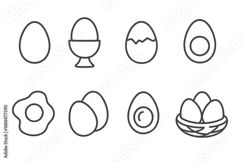 Egg icon set thin line style. Vector collection of food symbols for breakfast menu. Fried, boiled, cracked egg. Pictogram for web design, app. Farm fresh cooking ingredient.