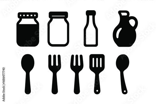 Simple black kitchen icons set of jars, bottles, cooking utensils, spoons, forks, spatula, vector cartoon illustration with transparent background, ordered culinary objects collection