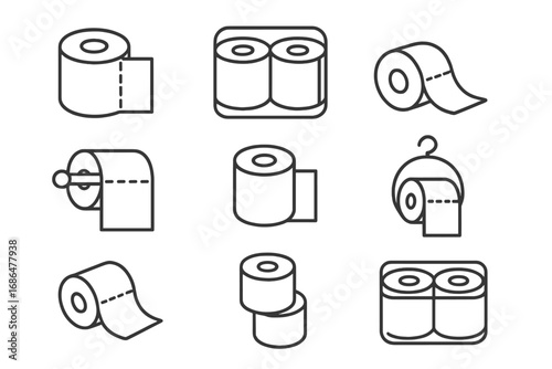 Toilet paper thin line icon set. Vector pack of bathroom tissue roll symbols. Hygiene, sanitary product pictogram collection for web, apps. Editable stroke outline graphic element.