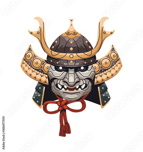 Japanese samurai mask with face of ancient Oni demon. Helmet of East Asian warrior with masque of devil. Head with theatre disguise in armor. Flat isolated vector illustration on white background