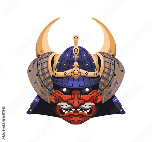 Samurai mask with face of ancient Japanese demon. Head of East Asian warrior with helmet and masque of Oni. Theatre disguise with armor. Flat isolated vector illustration on white background