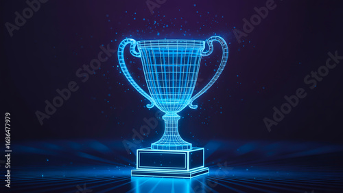A digital illustration of a glowing blue trophy cup rendered in a wireframe style against a dark blue background