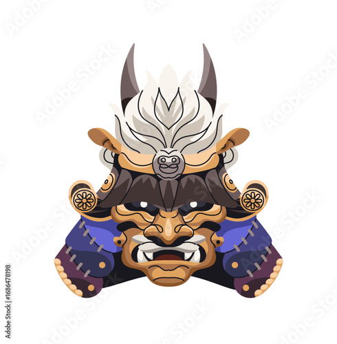 Decorated helmet of ancient Japanese warrior with horns and a mask of Oni. Samurai head armor with East Asian masque of demon. Theatre disguise. Flat isolated vector illustration on white background