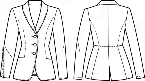 Women’s blazer fashion sketch, front and back view, technical flat drawing, garment design, vector illustration, princess seams, notched lapel, three button closure, welt pockets, center back seam