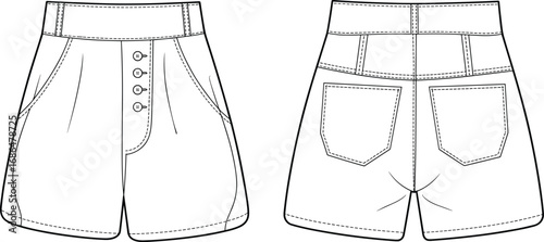 Women’s shorts sketch, technical fashion illustration, front and back view, high waist design, button closure, patch pockets, garment construction drawing