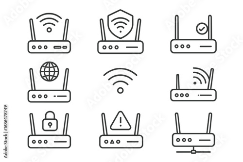 Wi-Fi router line icon set. Concepts of wireless internet connection, network signal, and modem technology. Vector icons for security, error, success and ethernet connection. Editable stroke.